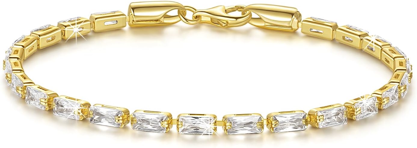 14K Gold Bracelets for Women Rectangle Cubic Zirconia Dainty Bracelet Non-Tarnish Gold Tennis Bracelets for Women Jewelry Unisex Sizes 6.5-9 Inches
