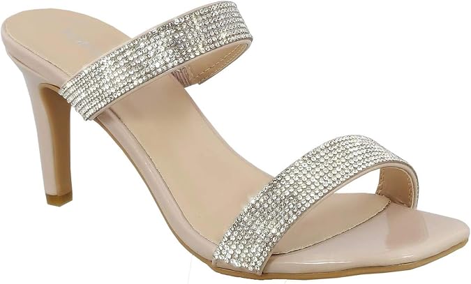 TOP Moda Women's Rhinestone Embellished Double Strap Open Toe Slide Stiletto Heel Mule Sandals