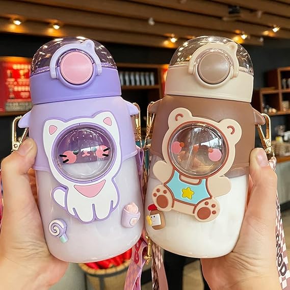 Kawaii Bear Water Bottle with Straw and Shoulder Strap, 25oz Cute Large Capacity Portable Water Bottles with 3D Stickers for Girls, School (Brown)