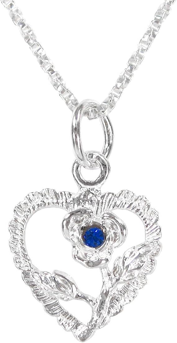 Sterling Silver Heart & Rose Necklace, September Blue