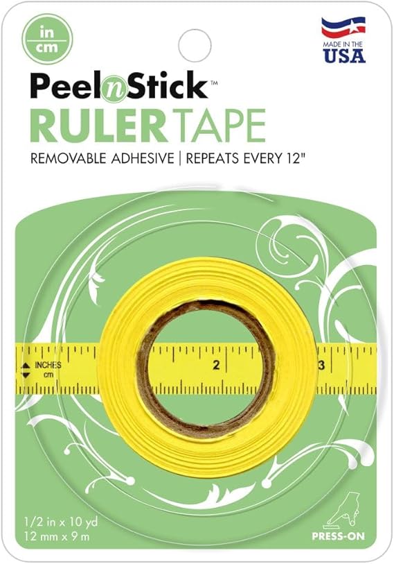 iCraft PeelnStick Removable Adhesive Ruler Tape, 12 inch Repeating Imperial (inch) + Metric (cm) Measurements, Yellow, Easy Tear Perforations Every 12in, roll is 1/2 in x 10 yds