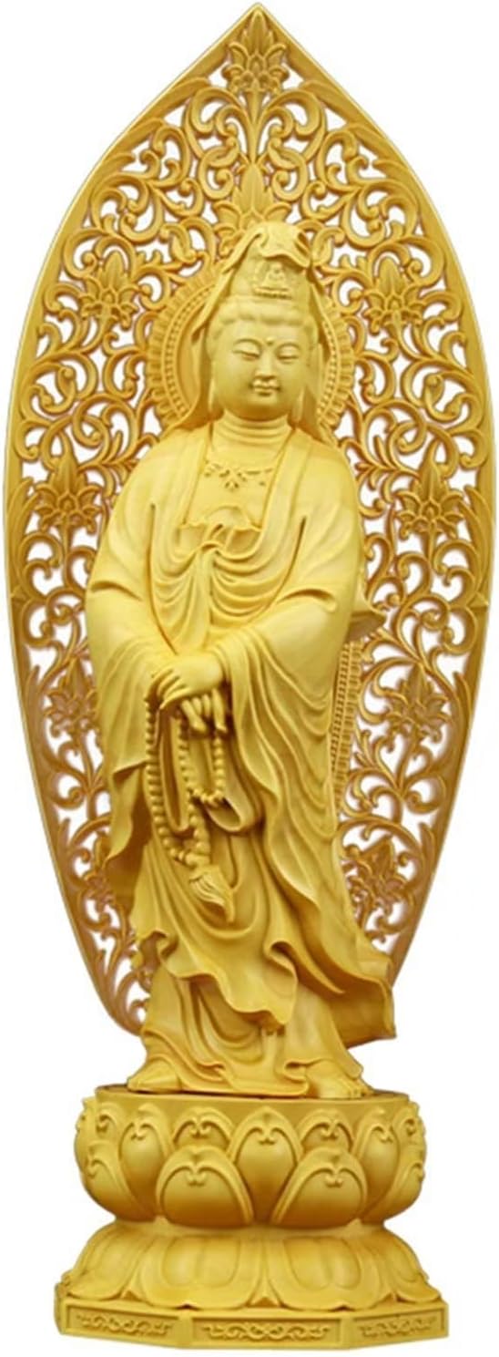 Removable Back Screen Quan Yin Statue Standing on Lotus,Chinese Feng Shui Decor Kwan Yin Sculpture with Wood Finished,Female Buddha Statue