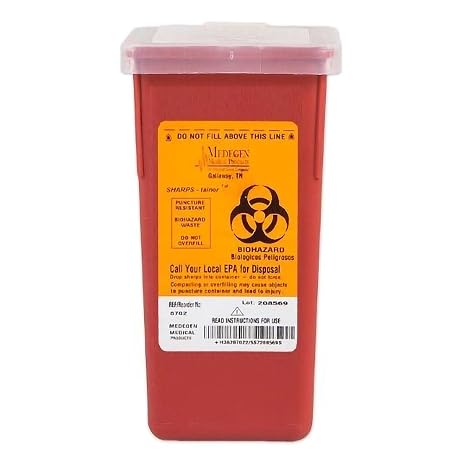 Medegen 8702 Stackable Sharps Container, Red/Black, 1 Quart Capacity, 3.5" Width, 3.5" Length, 7" Height, Pack of 72