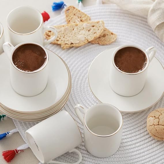 KARACA Elda Turkish Coffee Cup Set of 6 - (12 Piece) Cups with Saucers - 2.7 oz Small Porcelain Espresso Set - Ideal for Serving Greek, Arabic Coffee