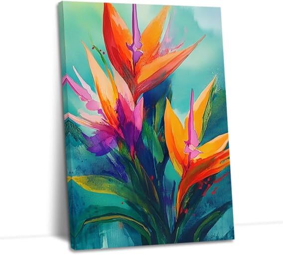 CGXLB Bird Paradise Canvas Art Abstract Flowers with Tropical Leaves Artwork Exotic Floral Paintings Prints Nature Wall Decor for Living Room Office 12"x18"