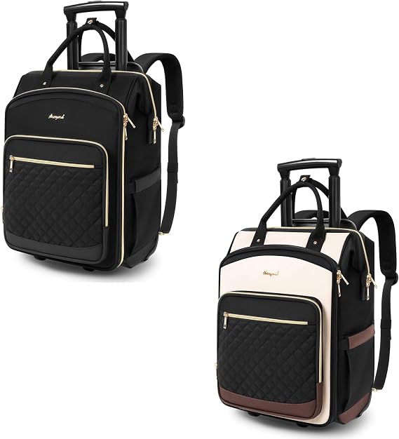 Arcoyard Rolling Backpack for Women, Travel Backpack with Wheels, Vertical Storage Wheeled Laptop Backpack, Beige Brown & Black
