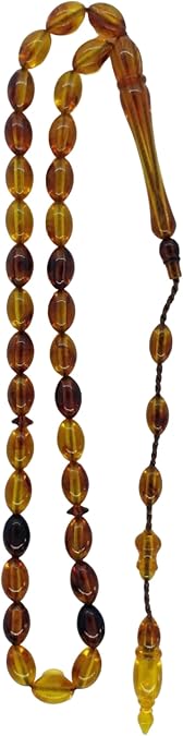Kehribar Renk Tesbih, Sistemli Püskül 33'lü Arpa Model, Akrilik Malzeme, 7x11mm Boncuk