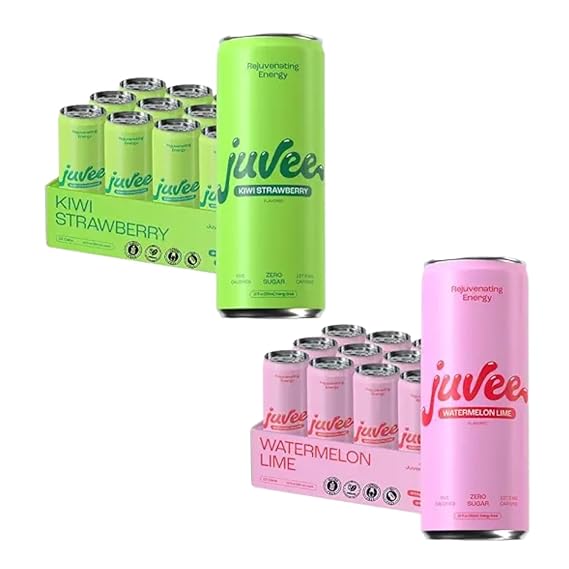 Kiwi Strawberry & Watermelon Lime Juvee Rejuvenating Energy Drink 12 oz Cans, Pack of 24 Sugar Free, 128mg Natural Caffeine per Can, Low Calorie, Clean Energy & Focus Support, Zero Sugar
