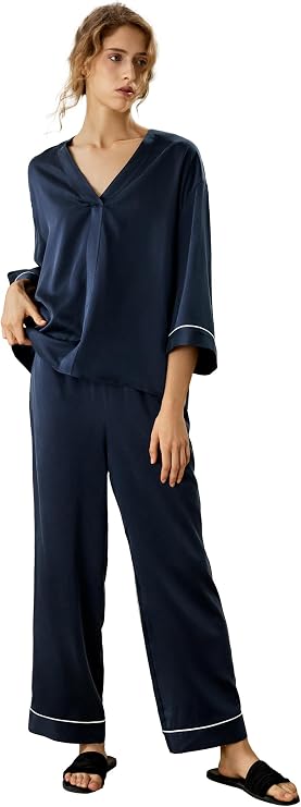 LilySilk Silk Pajama Set for Women 100% Sand-Wash Pullover Top V-Neck 3/4 Sleeves Waisted Pants Loose Casual