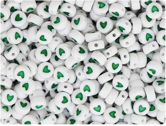 BeadTin White Opaque 7mm Coin Plastic Alpha Beads - Green Hearts (250pcs)