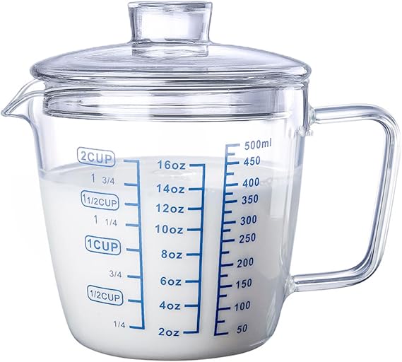 Glass Measuring Cup with Lid 2 Cup Measuring Cup Glass Ounce Measuring Cup,-Shaped Spout,3 Scales(Oz, Cup, Ml)