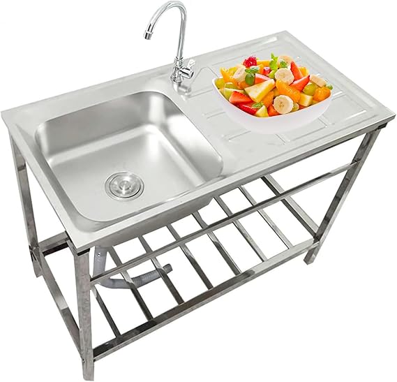 Freestanding Kitchen Sink - Stainless Steel Single Bowl Utility Sinks Workstation Washing Hand Basin for Indoor Outdoor, Laundry Tub Washing Hand Basin w/Workbench & Faucet, Heavy Duty Sink