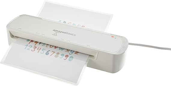 Amazon Basics 9-Inch Thermal Laminator Machine with Quick Warm-Up, 2 Heat Settings, Jam Release for Documents and Photos, White