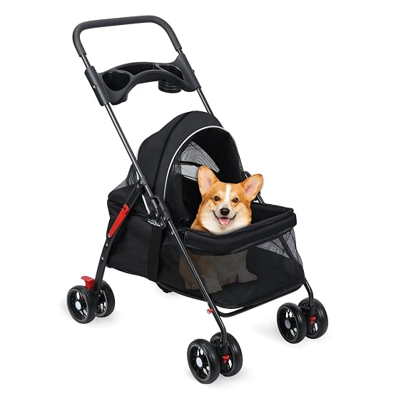 Dog Cat Stroller, 4 Wheels Outdoor Travel Pet Folding Stroller with Cup Holder, Breathable and Visible Mesh for Medium Small Dogs or Cats, 1 Set