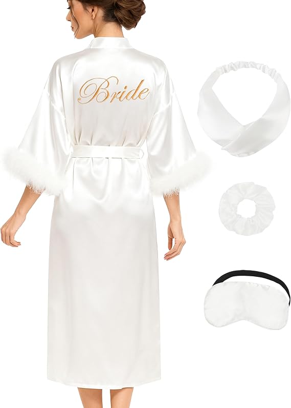 EPLAZA Bride Robe for Wedding Day Bridal Robes Feather Sleeve Satin Kimono Robes Bachelor Party Getting Ready Outfits