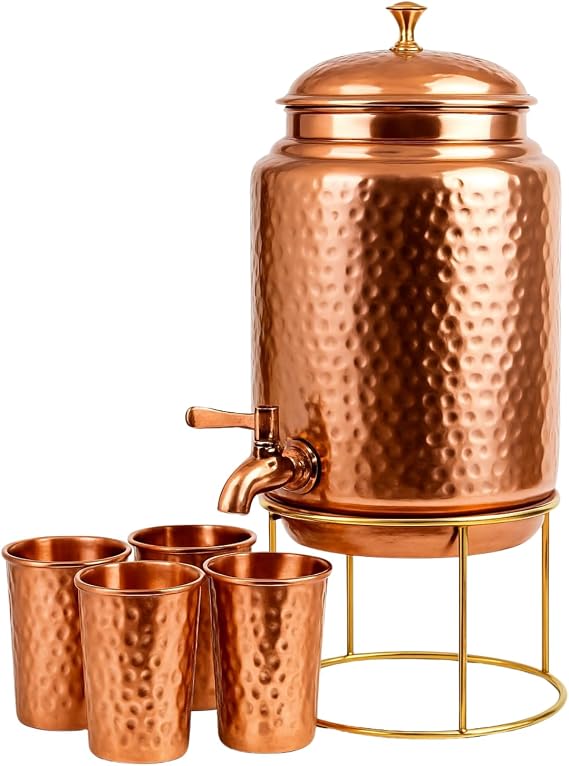 Pure Copper Hammered Water Dispenser Storage Water Tank with Tap and set of 4 Copper Glass | Water Pot | Cooper Water Storage Tank | 6.5 Ltr Capacity | 218 Oz