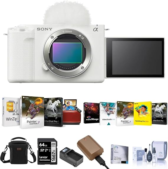 Sony ZV-E1 Full Frame Mirrorless Vlog Camera, White - Bundle with Shoulder Bag, 64GB SD Card, Extra Battery, Charger, Cleaning Kit, Corel Mac Software, PC, Screen