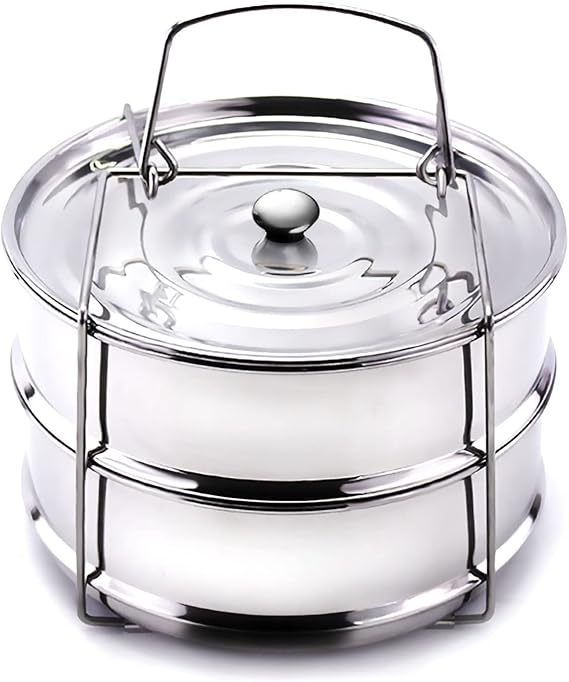 Stackable Steamer Insert Pans- Instant Pot Accessories 6 Qt-2 Silicone handle & Interchangeable LidsPressure Cooker Accessories- Pot in Pot for Baking,Lasagna,food steamer,Reheat Multiple Dishes
