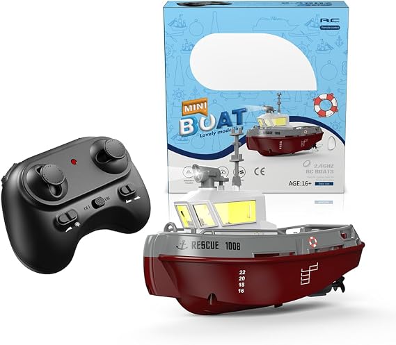 RC Boat, 1/144 RC Tugboat for Adults 2.4G RC Electric Tugboat Yacht Model with Lights, Mini Remote Control Tugboat Ship High-speed RC Racing Boat Model for Pools & Lakes -RTR, Brown