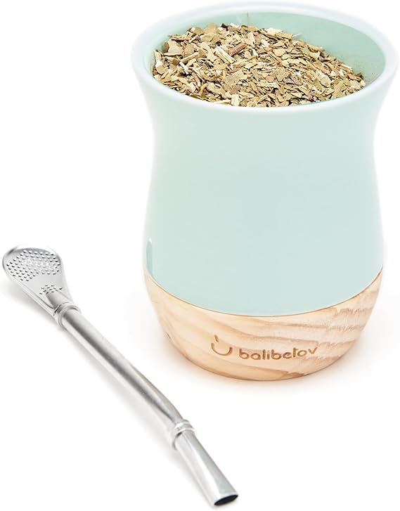 BALIBETOV Traditional Yerba Mate Cup & Bombilla Set | 8 Ounces Ceramic Mate Cup with Wooden Base | Includes 1 Bombilla Straw | Easy to Clean Ceramic Design (Aqua)