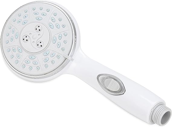 Camco RV Shower Head - Features Convenient On/Off Switch & 5 Different Spray Patterns - Designed to Conserve Potable Water - Simple to Clean w/Rubber Spray Tips - White (43711) | Conserves potable water, rubber tips for easy cleaning, 4 in diameter, 9 in long, 1/2-14 NPT threads, hose not included
