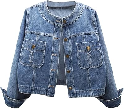 Womens Collarless Long Sleeve Denim Jacket Round Neck Button Down Jean Jackets