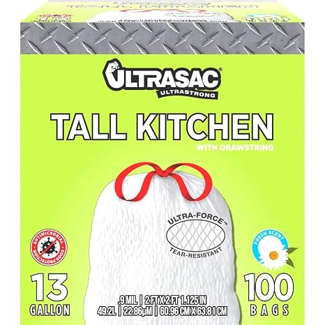 Ultrasac 13 Gallon 0.9 MIL Fresh Scent White Drawstring Tall Kitchen Trash Bags - 24" x 25" - Pack of 100 - For Home, Kitchen, Food Services, Commercial