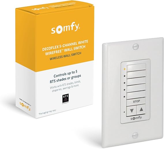 Somfy DecoFlex Wirefree RTS Wall Switch - 5 Channel - Pure White Tone - Control RTS Shades, Blinds, Curtains - Battery Pre-Installed, Button Labels, Mount Included - #1810813