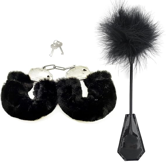 Bedroom Fitness Plush Set, Adjustable Handcuffs/Feather Wand Combo Kit (Black)