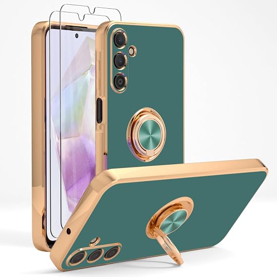 for Samsung Galaxy A35 5G Case with Screen Protector [2 Pack], 360 Rotatable Ring Holder Plating Rose Gold Edge Magnetic Kickstand Women Men Protective Cover for Samsung A35 5G Case Gray