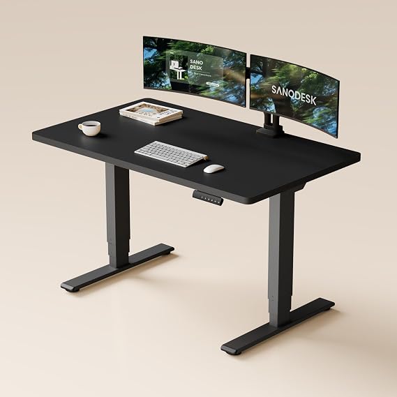 SANODESK Dual Motor Standing Desk 220lbs Height Adjustable Desk | 48"x30" Spacious One-Piece Black Desktop & Black Frame, 4 Memory Presets, 3-Stage Legs, 220lbs, 2-Box for Home & Office