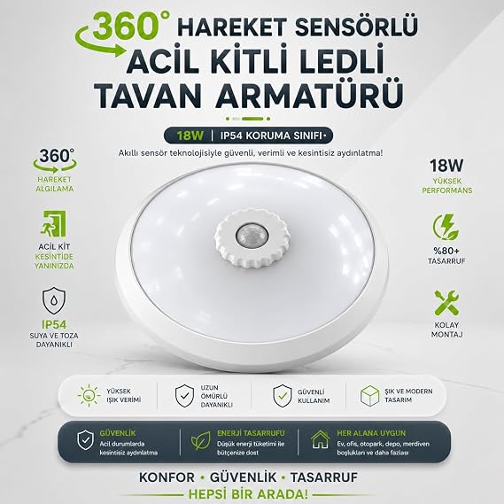 Sensörlü Tavan Armatürü Acil Kitli 18W LED 360 Derece Hareket Sensörlü Tavan Lambası Beyaz