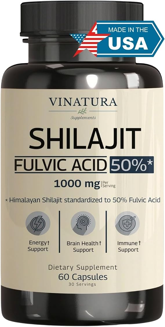 VINATURA Shilajit for Men and Women - 1000mg Pure Himalayan Shilajit Capsules, standardized to 50% Fulvic Acid - 60 Capsules