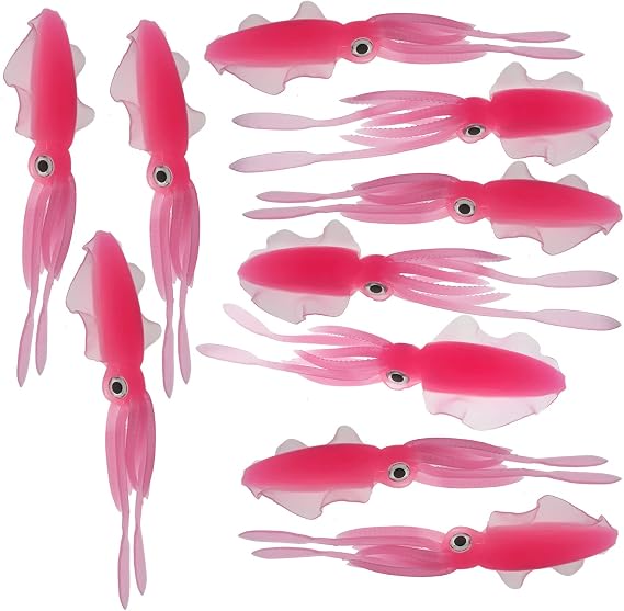 10pcs Pink Fish WOW! 6" Chase Squid Skirt Bait Luminous Realistic Squid Octopus baits 3D Large Eyes Premium Quality Soft Plastic Fishing Lures