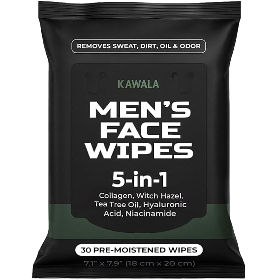 Face Wipes for Mens 5-in-1 Anti-Aging Facial Cleansing Sweat Wipes for Skin Care with Collagen, Witch Hazel, Tea Tree Oil, Hyaluronic Acid, Niacinamide for Oily or Acne-Prone Skin Woodsy Scent