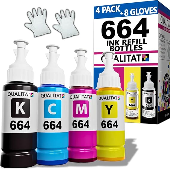 774 664 Ink Refill Bottles for ET-2650 ET-2550 ET-3600 ET-4500 ET-4550 ET-16500 ET-2500 ET-2600 ET-14000 Printers (2 Black+Cyan+Magenta+Yellow 5 Pack + 4 Gloves + Ink Storage Box)