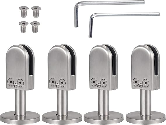 4 Piece Adjustable Floor Spigot Glass Clamp, D Clamp for Frameless Glass Panels, for Glass Screen Glass Pool Fence Staircase Balustrade,with Support Column,Height 60mm,10mm~12mm