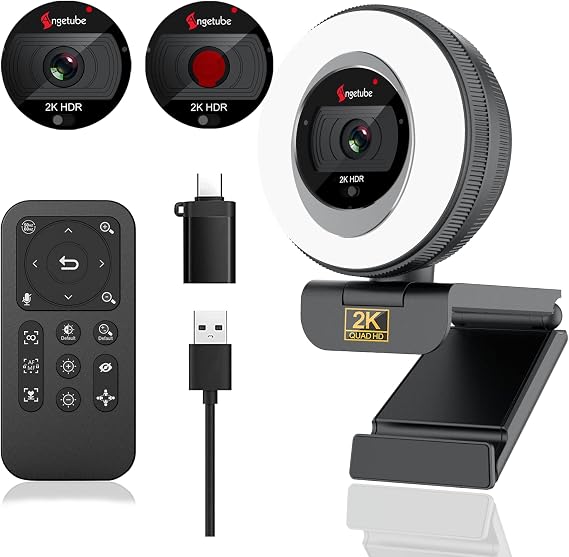 Angetube 2K Webcam for PC/Laptop/Mac, 1080P Computer Camera with RingLight | Remote, Low-Light Correction, 2 Mics, Privacy Cover, Auto Focus Digital Zoom Student Webcam, HDR Web Camera for Skype/Teams