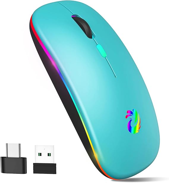 LED Wireless Mouse, Rechargeable Slim Silent Mice 2.4G Portable Office Optical Mouse with USB Receiver and Type-C Adapter, 3 Adjustable DPI for Laptop, Computer, PC, Notebook, Desktop(Lake Blue)