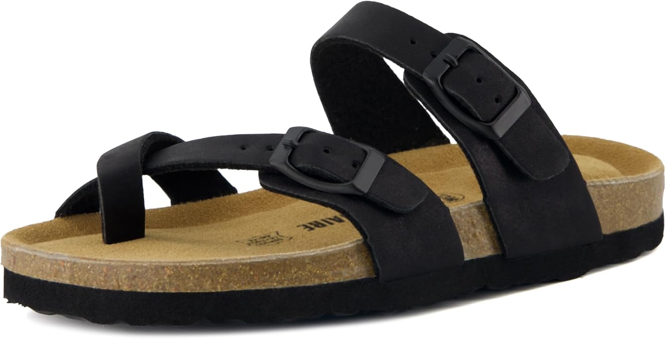 CUSHIONAIRE Luna Kids Sandals, Supportive Cork Footbed Slides for Kids, Boys and Girls with Adjustable Buckles and Comfortable Fit, BLACK 2