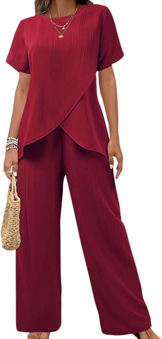 Pant Suits for Women Dressy 2 Piece Sets Short Sleeve Irregular Top Matching Loose Wide Leg Pants Formal Guest Outfit