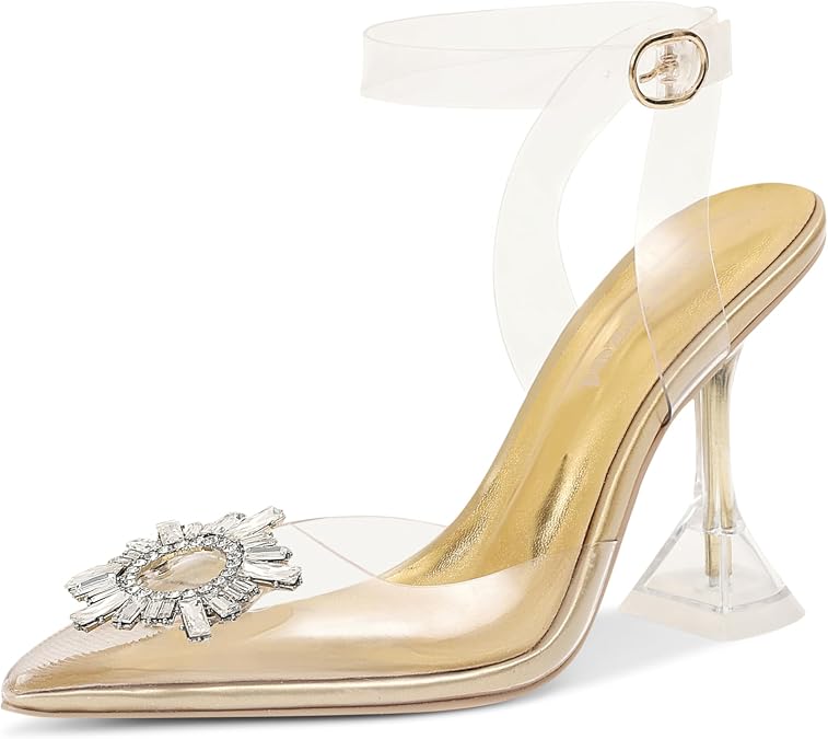 Fericzot Women's Clear Heels Shoes,Slingback Crystal Rhinestones Wedding Pointed Toe Shoes High Heel Sandals