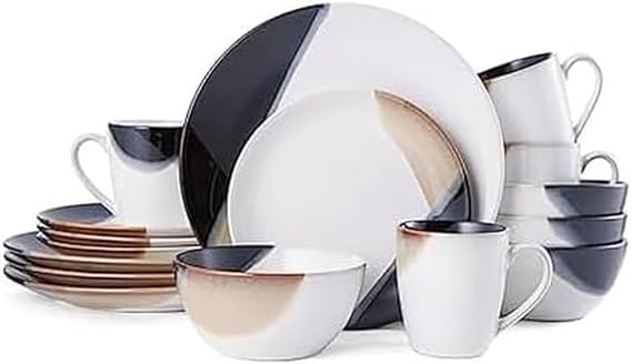 Mikasa Gourmet Basics Caden 16-Piece Stoneware Dinnerware Set, Service for 4, White Glossy Center with Black and Tan Two-Tone Reactive Glaze, Dishwasher and Microwave Safe