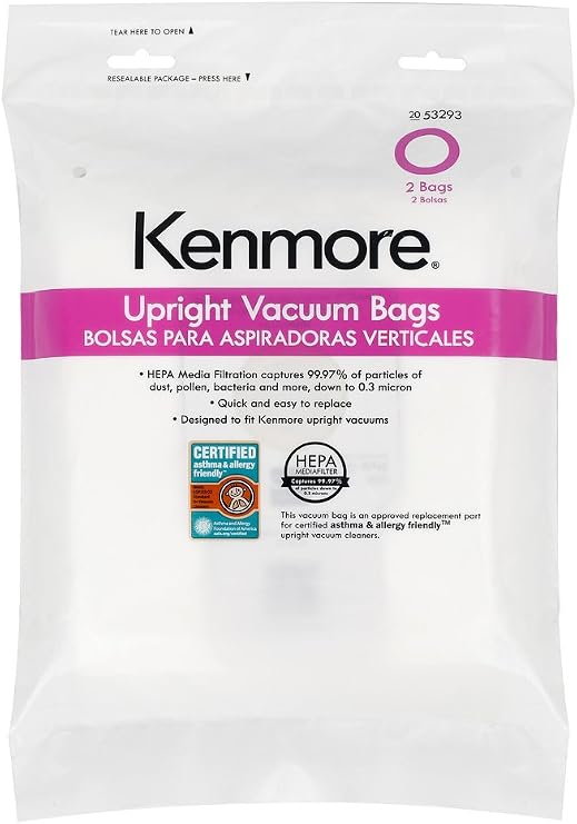 Kenmore 53293 Style O HEPA Cloth Vacuum Bags for Kenmore Upright Vacuum Cleaners 2 Pack,White