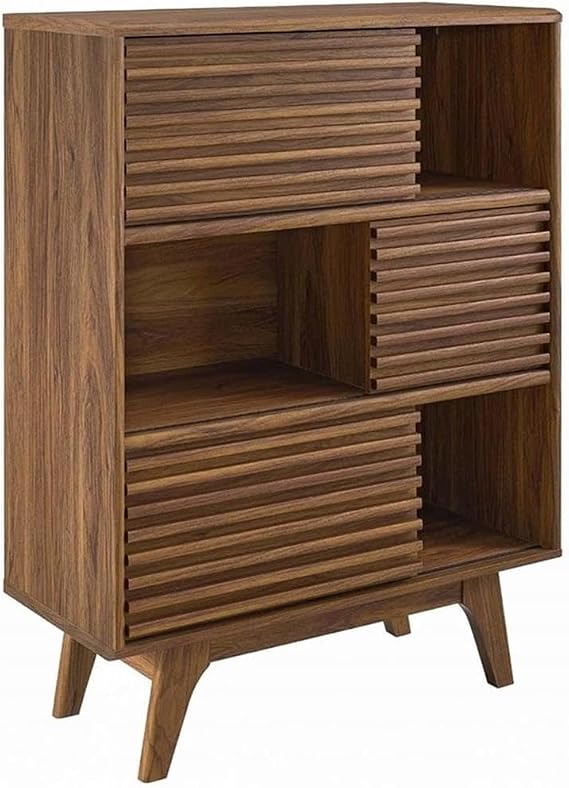 Allora Mid-Century Three-Tier Sideboard, Walnut Grain Laminate, 42" H x 31" W x 13.5" D, Durable Particleboard, Tapered Wood Legs, Sliding Doors with Cable Management, Living Room Accent Storage