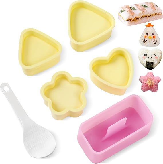 Ninsula Onigiri Mold 6P, Musubi Press Mold with Small Rice Spoon, Triangle Rice Ball Mold Maker, 5 Different Shape Sushi Mold for Kid Lunch Bento and Home DIY