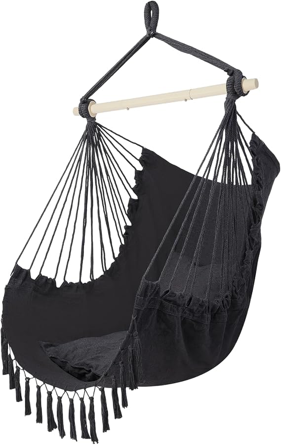 ONCLOUD XXL Hammock Chair Macrame Hanging Rope Swing Seat w/Side Pocket, Includes Drink Holder 2 Cushions Carry Bag All Hanging Hardware for Patio Bedrooms Indoor/Outdoor (Grey)