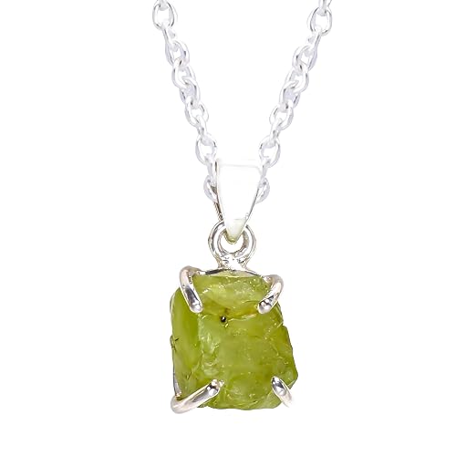 Natural Real Raw Peridot Crystals Prong Pendant Necklace, Birthstone, Healing Rough Gemstone, 925 Sterling Silver Jewelry 18 inch