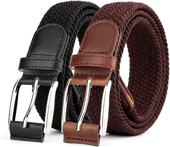 2 Pieces Braided Woven Elastic Stretch Canvas Belts for Men Women