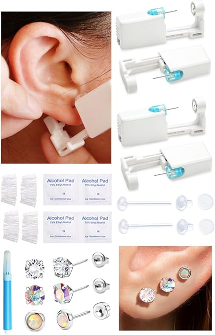 KRFY Ear Piercing Kit Sets, Disposable Stainless Steel Ear Piercing Gun with Preloaded Stud Earrings for Women, Self Pierce Studs Kit Tool, Flat Back Hoop Earrings Cartilage Jewelry Gold Plated/Silver